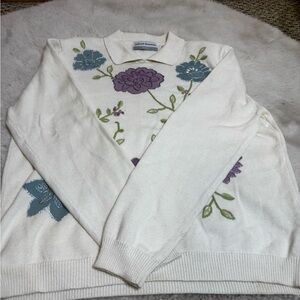 Alfred Dunner White Sweater with Floral Embroidery